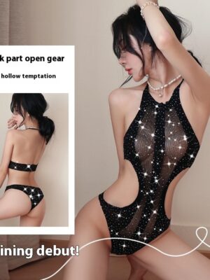 Long night sexy lingerie sexy free off fishnet clothes temptation rhinestone pajamas passion black silk one-piece stockings 5211