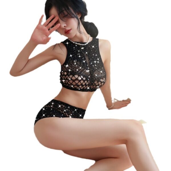 Long night sexy lingerie sexy seduction two-piece set body stocking European and American mesh stockings uniform temptation fishnet clothes 5204