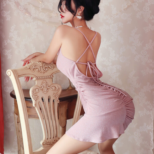 Long night sexy lingerie sexy shiny strap slim nightdress hot bright silk deep V nightclub uniform 1904