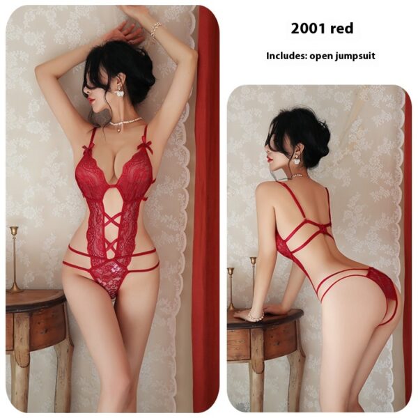 Long night sexy lingerie sexy lace see-through open jumpsuit hollow out pajamas uniform temptation female 2001